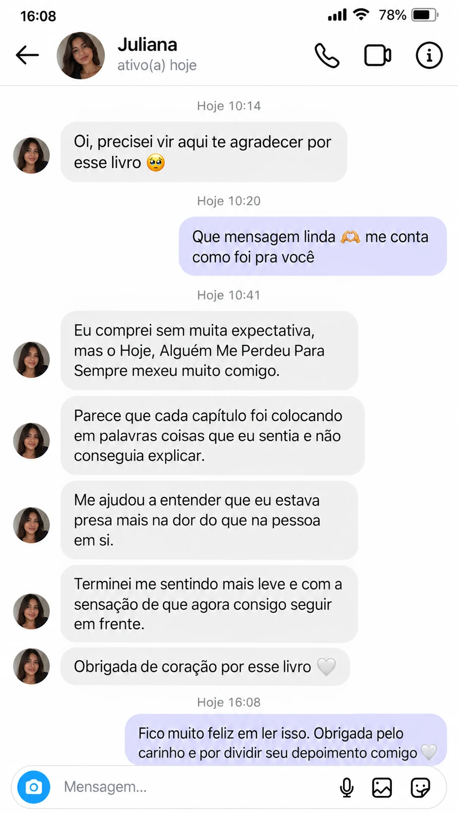 Conversa fictícia ilustrativa — Juliana